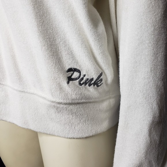 VICTORIA'S SECRET PINK White Terry Lace Up Hoodie Top Size Large - Picture 3 of 5